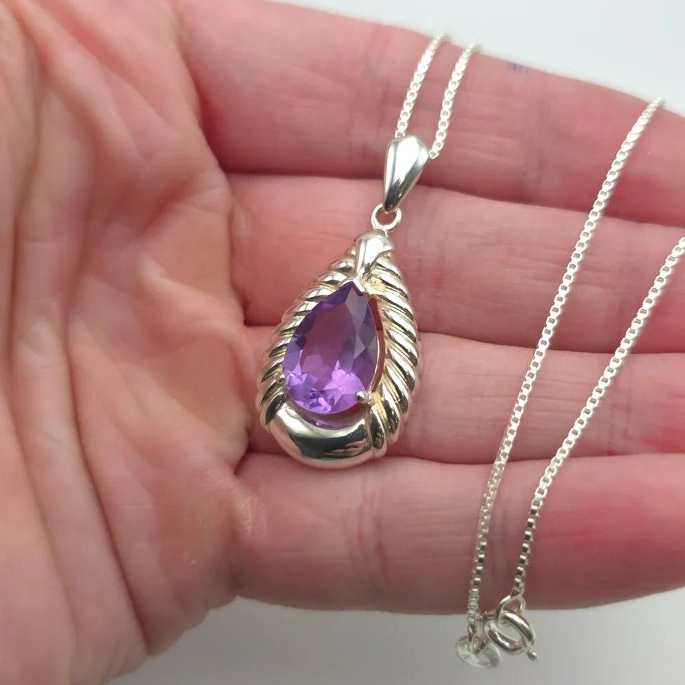 24 Inch 925 Sterling Silver Large Pear Amethyst Gem Pendant Necklace - Picture 4 of 8